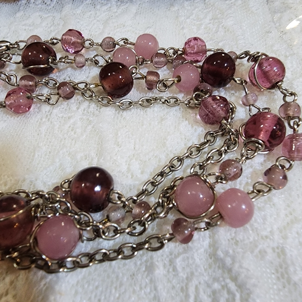 Long Silver Toned Chain Necklace with Purple and Pink Glass Beads